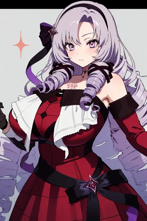 anime coloring,masterpiece,Salome, big body,huge breasts,(((( best quality )))),,,,, hmsalome, drill hair, parted bangs, black hairband, ribbon, purple eyes, large breasts, tattoo, red dress, long sleeves, bare shoulders, black gloves