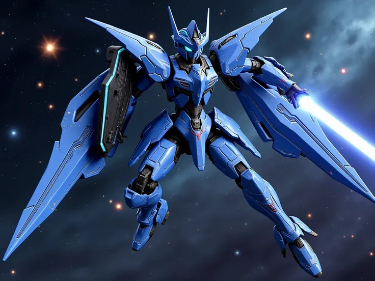 A sleek and agile humanoid mecha in a metallic blue color scheme with black accents, designed for high-speed combat. The mecha features sharp, aerodynamic armor plating, and a set of large, elegant wings integrated with boosters and thrusters for swift man...