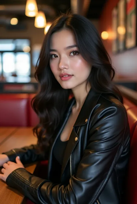 Young woman, long dark hair, leather jacket, restaurant interior, casual dining, bright eyes, soft makeup, confident pose, wood tables, red accents, industrial lighting, urban style, natural beauty, candid portrait, depth of field, high-quality photograph,...