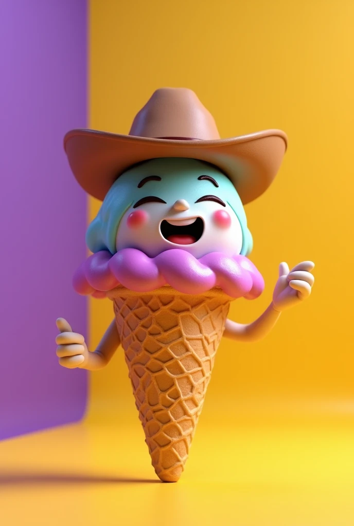 cone ice cream, excited, purple and yellow with a cowboy hat