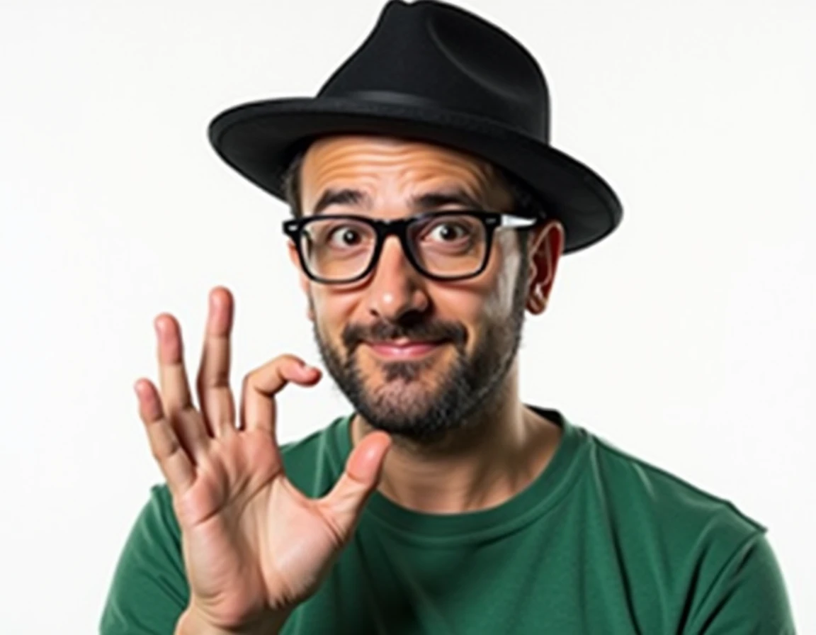 The person is wearing a black hat and glasses.
They have a light black beard in two side of mouth and slight thin mustache, contributing to a distinctive, modern aesthetic.
Their outfit includes a plain green shirt.
Expression and Gesture:

The facial expr...