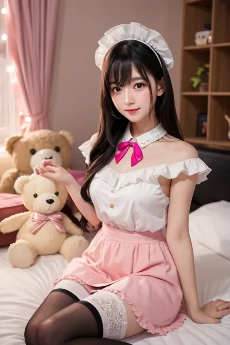 "A young woman with long, sleek black hair cascading gracefully over her shoulders sits on a cozy bed in a softly lit room. Her black hair contrasts beautifully with her fair complexion, framing her delicate face. She is dressed in a pink and white frilly ...