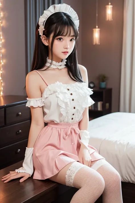 "A young woman with long, sleek black hair cascading gracefully over her shoulders sits on a cozy bed in a softly lit room. Her black hair contrasts beautifully with her fair complexion, framing her delicate face. She is dressed in a pink and white frilly ...