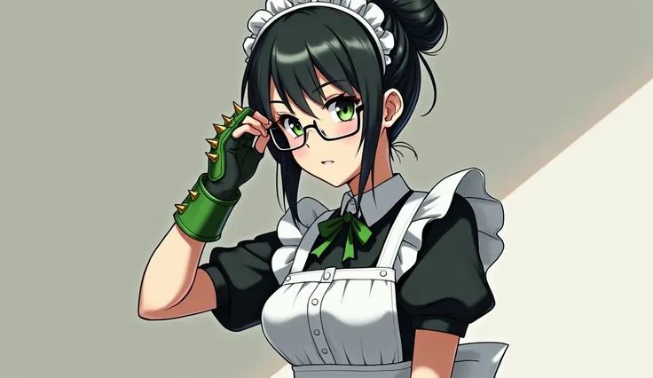 highres, sharp focus, pixiv masterpiece, ((intricate details)), highly detailed, yuri alpha, 1girl, black hair, (green wristband, green gauntlets, spikes,:1.1) glasses, green eyes, maid, single hair bun, dress, choker, bowtie, maid apron, 