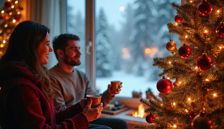 On Christmas Eve, the beautiful scenery of heavy snow outside the window covered with ice and snow, a couple holding a hot and smoking coffee to enjoy the beautiful scenery outside the window, a close-up of the Christmas tree, hung with various decorations...