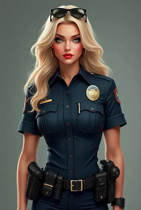 Police women medium breast and slim waist long legs and american police uniform and blonde hair green eyes almond shaped eyes cupid bow lips red lips blonde hair wolf cut with long hairs sunglasses on her uniform