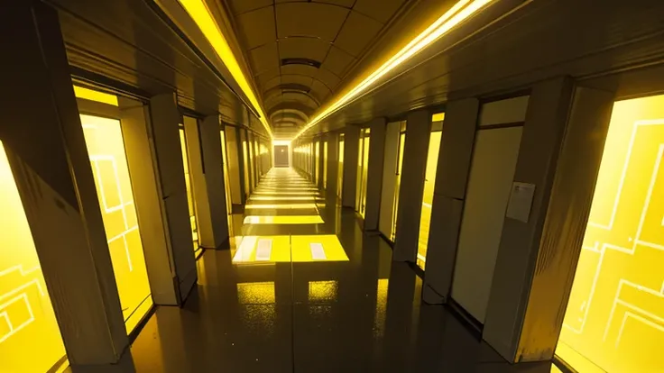 backrooms, liminal Space, suspicious atmosphere ,  Irregular channel, (windowless space), (maze, maze like space), Yellow Wall, yellow floor ,  countless fluorescent lights, intricate passageways, passageway that stretches sideways