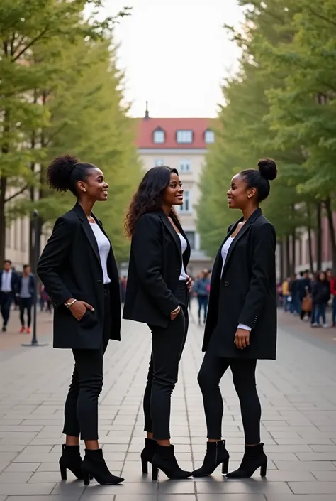 Une image au format YouTube représentant trois étudiantes noires, élégantes et confiantes, en train de discuter dans la cour d’un campus universitaire. Elles sont habillées de manière moderne et stylée. L’ambiance est joyeuse et dynamique, avec des bâtimen...