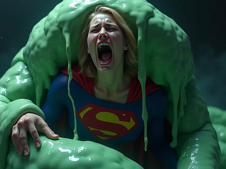 Supergirl being swallowed up by huge slime
Shes screaming in so much pain
Open your mouth,  frowns,  crying,  High Definition , whole body，prey， asking for help，Humiliation