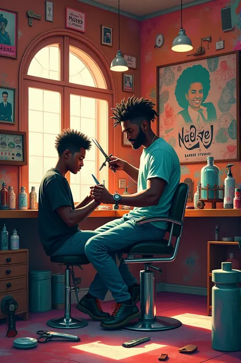 Create a 16 :9,  from a , with scissors, paint,  razor and pole ,  barbershop with the name Nael Jr. Barber Studio .