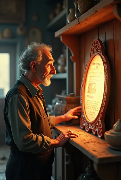 "An antique store at dawn, with the same mirror placed back on a dusty shelf. The shopkeeper looks at the mirror with a knowing expression, the red letters faint but still visible."3D Pixar style 