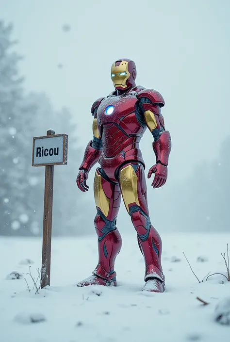 Iron man sous ma neige avec un panneau écrit ricou