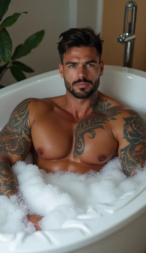 A handsome handsome hunk strapping tattooed shirtless anymore sitting in the bathtub while playing soap foam Professional living  , 4k, HD, UHD, 8K,  High detail ,        ultra definition 