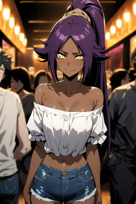 NSFW,masterpiece, top quality , High Definition , very detailed,Yoruichi Shihouin(BLEACH), long hair、 yellow eyes、 ponytail、Purple Hair、 dark skin 、 dark skin の女性, off-shoulder, Denim Shorts, Casual ,Bad Smile,Nightlife