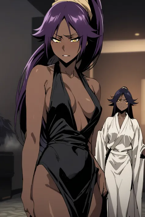 NSFW,masterpiece, top quality , High Definition , very detailed,Yoruichi Shihouin(BLEACH), long hair、 yellow eyes、 ponytail、Purple Hair、 dark skin 、 dark skin の女性, Evening Dress,Prostitute