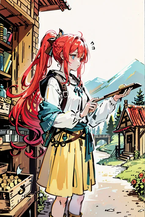 character drawing: drawing adult female character , Long hair tied in a ponytail , carpintera,  dressed as a carpenter from a medieval village ,  in the background she is in a wood workshop with hanging tools,  card style tarot rider white