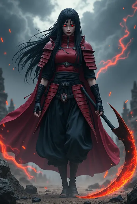  An imposing and dark warrior in a desolate landscape. Madara Uchiha, A woman with long black hair, a part of it falls down her face in a waterfall ,  wears dark red samurai armor with battle-worn edges .  His serious face and bright Sharingan eyes convey ...