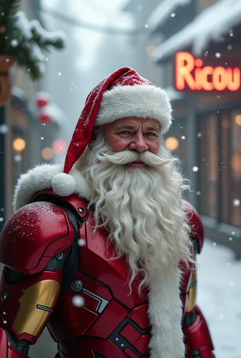 Iron Man as Santa Claus in the snow, avec panneau écrit ricou