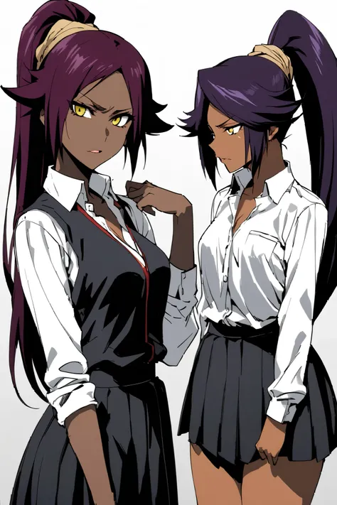 NSFW,masterpiece, top quality , High Definition , very detailed,Yoruichi Shihouin(BLEACH), long hair、 yellow eyes、 ponytail、Purple Hair、 dark skin 、 dark skin の女性, school uniform, dress shirt, miniskirt,School