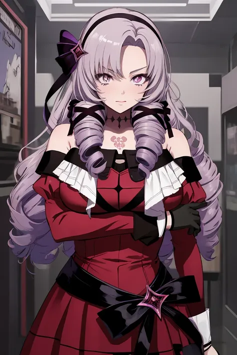 anime coloring,masterpiece,action,Salome, big body,big breasts,(((( best quality )))),,,,, hmsalome, drill hair, parted bangs, black hairband, ribbon, purple eyes, large breasts, tattoo, red dress, long sleeves, bare shoulders, black gloves