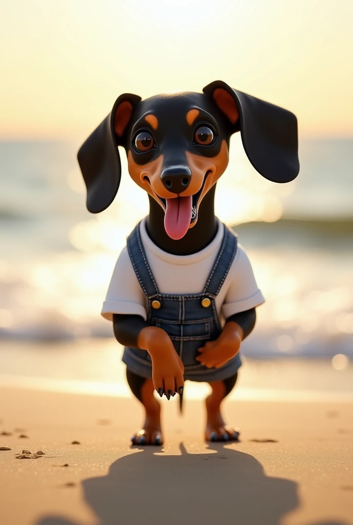 
 black-tan miniature dachshund wearing a white t-shirt and denim overalls is walking on two legs and happily running along the sandy beach of the ocean。A 。