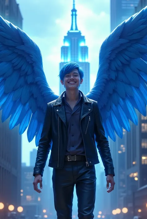 cheerful 29-year-old young man, indigo eyes , with short blue hair ,  leather clothes and angel wings with shades of blue and cobalt blue on the Empire State