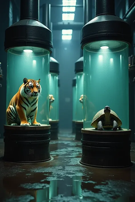 A surreal and futuristic scene depicting two parallel cylindrical glass tanks, each containing a large animal. The first tank contains a tiger, facing the viewer. The second tank contains a turtle. The tanks are lit by bright lights, creating a striking co...