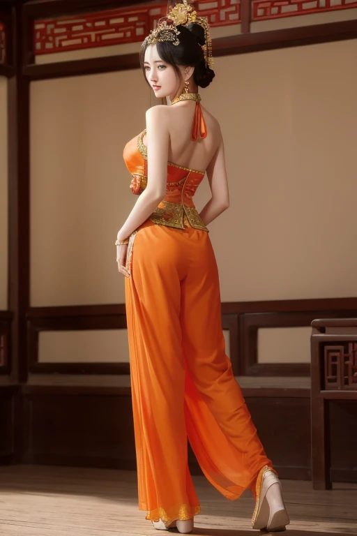 The woman is wearing an ancient dance costume, including a red full-length halter top blouse, and orange chiffon trousers on the bottom. She is an oriental beauty with a very Chinese style. The costume is very Song Dynasty style. She has her back to the wo...