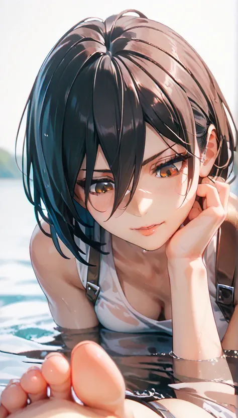  Anime Woman ,  Mikasa Ackerman, barefoot, Stomping of feet on face, straddling on face, Forcibly push someone elses head into the water, looking down, Point of View Shot