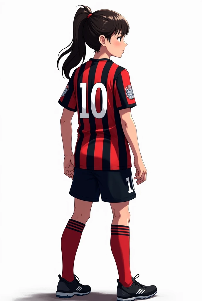  Soccer player in striped red and black uniform number 10 written by Luiz Serra. The player has a ponytail and is looking seriously at the right side .  white background