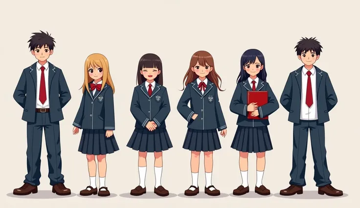 create image: Students 2 boys and 3 girls are standing side by side, Place 2 boys, one on the left end and one on the right end. Please keep some distance between each other. They wear the same high school uniform. only 2 boy and 3 girl. Describe, image is...