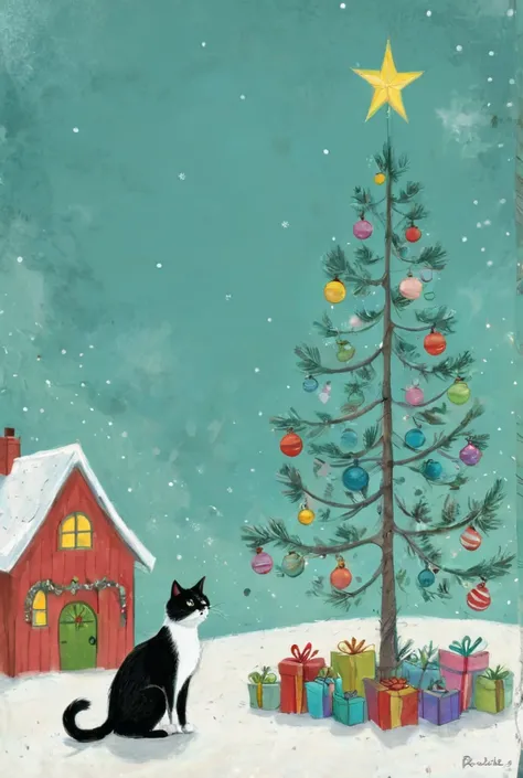  2D illustration by Rébecca Dautremer +Sam Toft. 

 simple vector drawing . pastel colors. dusty paints . grotesque. joke. Roast.

 christmas tree with Christmas balls and garland . funny, awkward,  cartoon cat looks up at Christmas tree decorations with i...