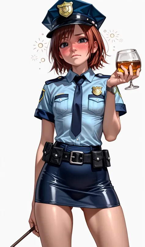  One girl , Kairi from Kingdom Hearts,   Watch viewers(Blushed face:1.0),real skin ,small breasts,  shiny hair ,  Super Detailed Black Eyes,( Equipped Police Belt :1.2),((View watch)),( shot from the front:1.2),8k,(Facing forward :1.5),(Drunk:1.2),(short p...