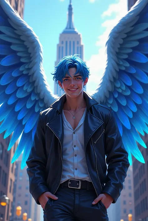 cheerful 29-year-old American man, indigo eyes , with short blue hair ,  leather clothes and angel wings with shades of blue and cobalt blue on the Empire State