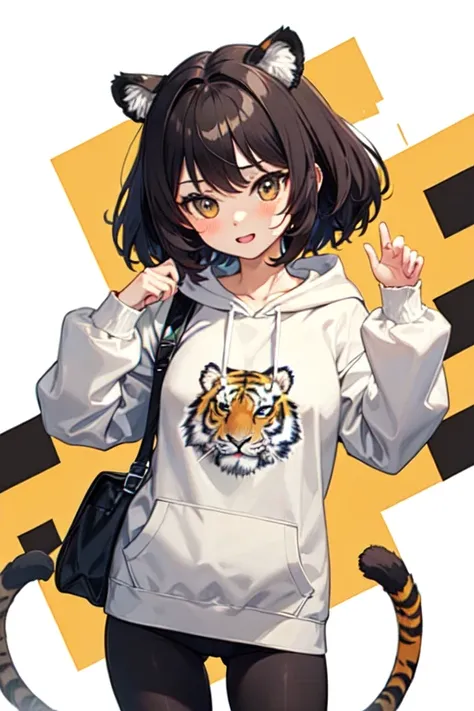 cute tiger girl. She is wearing a neutral colored hoodie with a tiger pattern and her hair is puffy