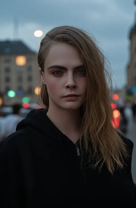 Photo de Cara Delevingne, pause naturelle, hoodie noir à capuche, elle a lair lasse et triste, cheveux trempés, longue maiche de cheveux chatain claire, ne porte pas de maquillage, temps sombre nuageux, le soir, il pleut fort, il fait froid elle se promène...