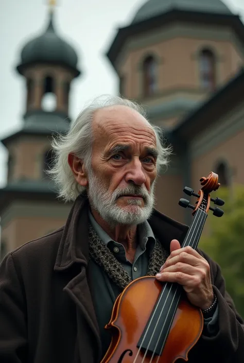  an image intended for an elderly man,  from Eastern Europe ,  with the following ingredients : 
- white  ,  Caucasian alone ;  
 - Romanian church ; 
 -  playing violin ;
 - nostalgia .
