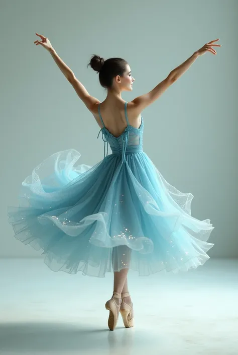 Vailarina de vatet on tiptoes in blue dress with her hair tied up with her hands in the air
