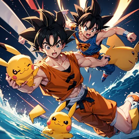 With Son Goku, the  in Dragon Ball、 Pikachu from Pokémon、While fighting 