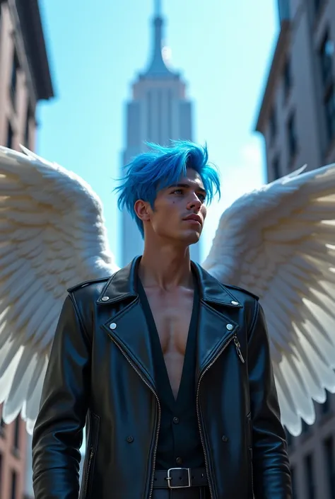 cheerful 29-year-old American man, indigo eyes , with short blue hair , leather clothes and angel wings with shades of blue and bright cobalt blue on the realistic Empire State