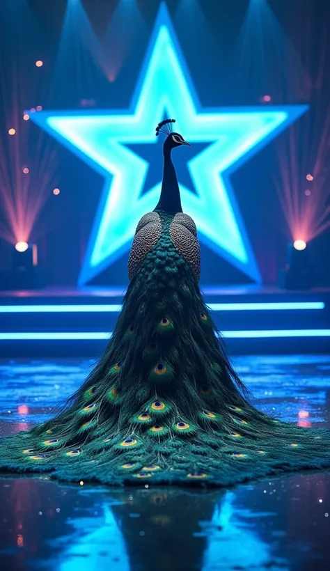 In place of the woman, a majestic peacock now stands at the heart of the America’s Got Talent stage, fully embodying grace, mystery, and power. Its velvety, iridescent plumage shimmers with a dazzling spectrum of green, blue, and gold under the vibrant neo...