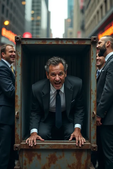  Accountant stuck in a small metal box, surrounded by laughing investors  