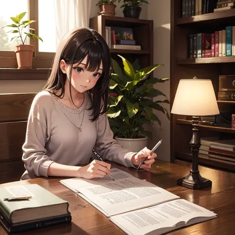 A young woman is writing and studying on her desk in bedroom. She is looking at the paper on the bench. There is a table lamp and indoor plant. A bookcase.