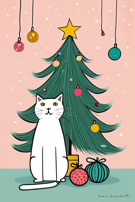  2D illustration by Rébecca Dautremer +Sam Toft. 

 simple vector drawing . pastel colors. dusty paints . grotesque. joke. Roast.

 christmas tree with Christmas balls and garland . funny, awkward,  cartoon cat looks up at Christmas tree decorations with i...