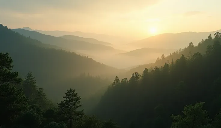 A wide view of the forest preserve, with rolling hills of trees stretching into the distance. The rising sun highlights the mist lingering between the trees, creating a magical and untouched atmosphere. (hyper-realistic)