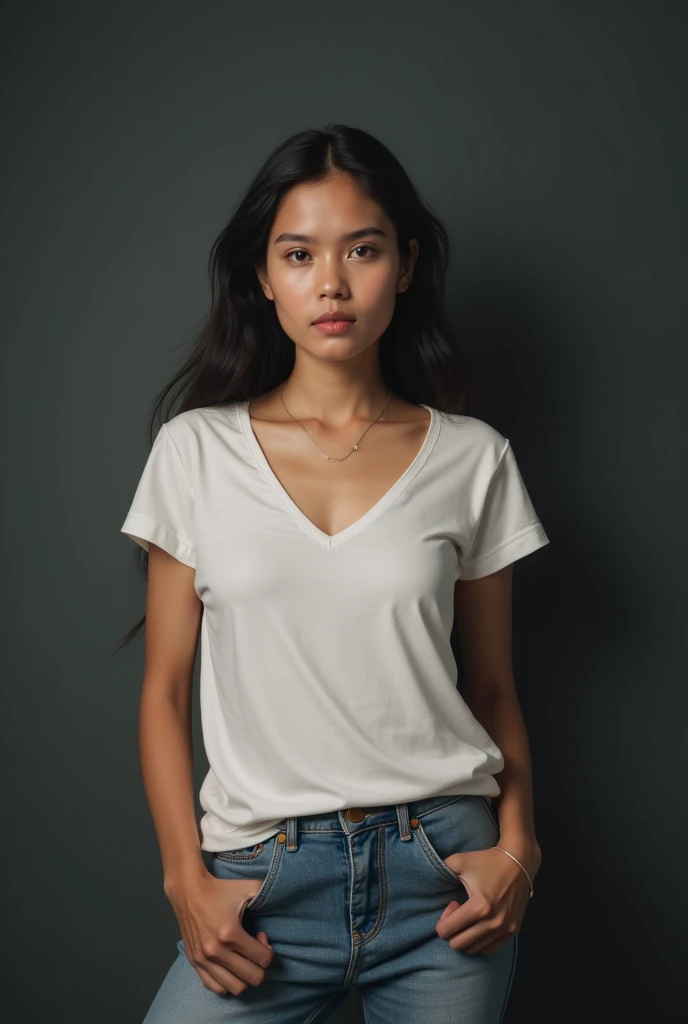 hypotealiatis, 25 year old Javanese woman, beautiful, standing, facing the camera, wearing a plain v neck thank top t-shirt, wearing jeans, sports shoes, dark gray background