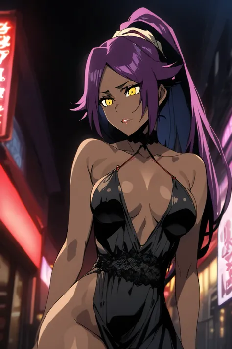 NSFW,masterpiece, top quality , High Definition , very detailed,Yoruichi Shihouin(BLEACH), long hair、 yellow eyes、 ponytail、Purple Hair、 dark skin 、 dark skin の女性, Evening Dress,Prostitute,Red light district