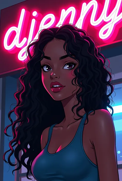 Anime 2D girl with dark skin black curly hair long , neon sign on background "Djenny" clearly visible  