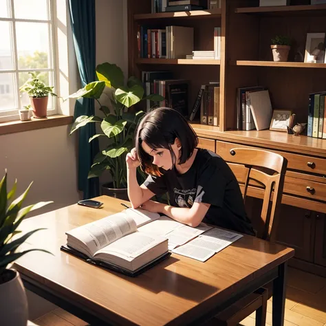 A view from behind of a young woman is writing and studying on her desk in bedroom. She is looking at the paper on the bench. There is a table lamp and indoor plant. A bookcase. She is wearing a T-shirt.