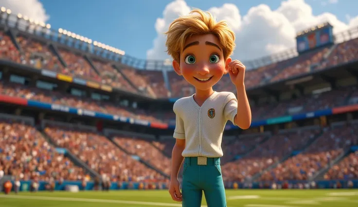 pixar artstye, close up view portrait view, tall teenage boy, blonde hair, blue eyes, standing, wipes away sweat
 plain colour soccer suit, cyan plain colour sportsuit, white football boots
and socs, football field, people sitting at seats at the backgroun...